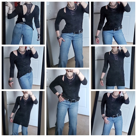 POL 3/4-sleeve Black Acid Wash Long Slinky Flowy Distressed V-neck Tunic - Picture 6 of 16